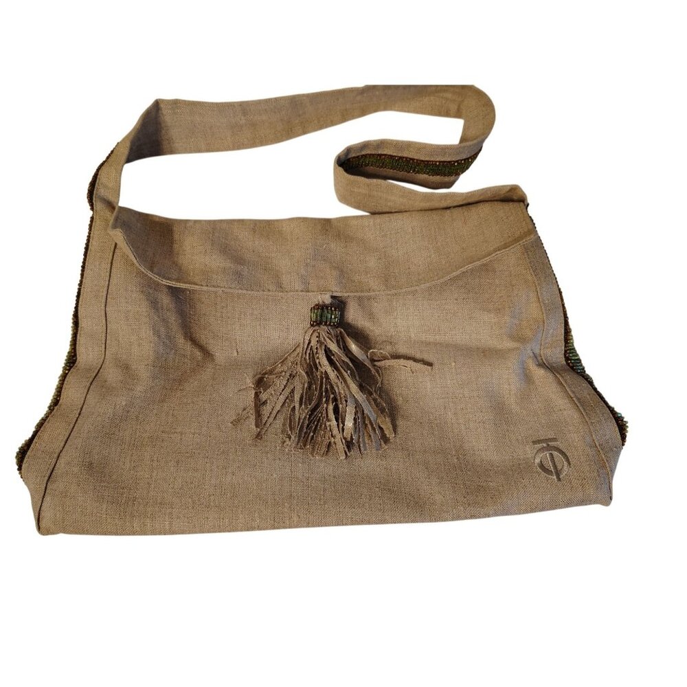 Tote Le Monde Beaded Strap Linen Purse Shoulder Bag, Boho Beige Tassel Snap